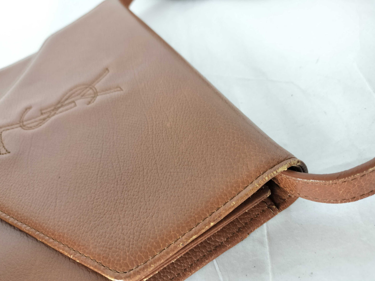 Yves Saint Laurent YSL Logo Leather Shoulder Bag Light Brown