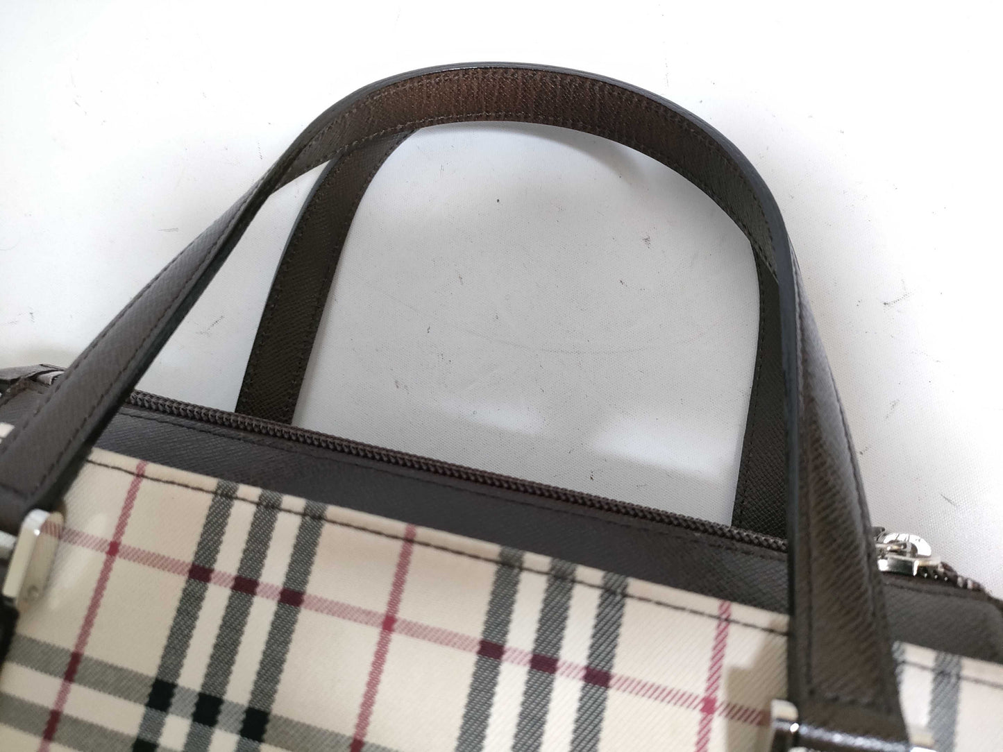 BURBERRY Checked Canvas and Leather Handbag, Ivory and Brown
