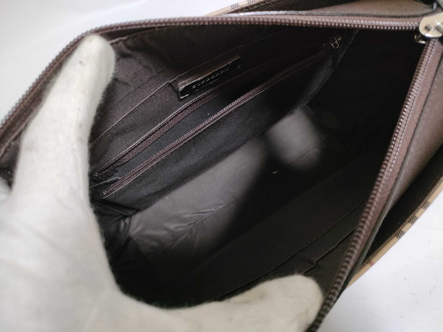 BURBERRY Checked Canvas and Leather Handbag, Ivory and Brown