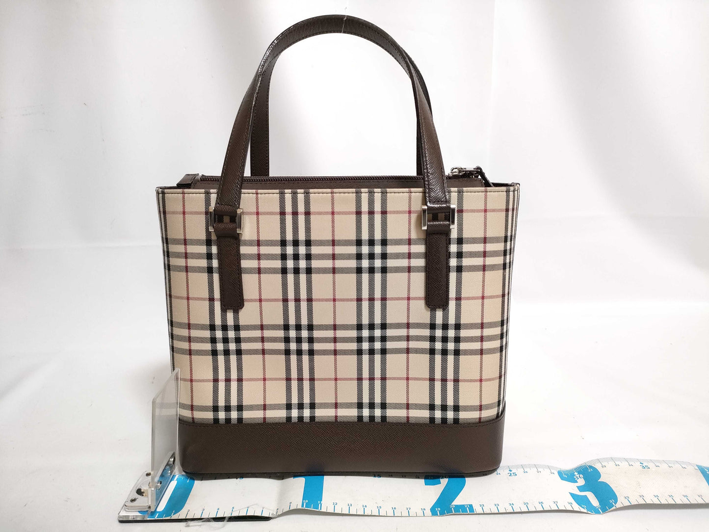BURBERRY Checked Canvas and Leather Handbag, Ivory and Brown