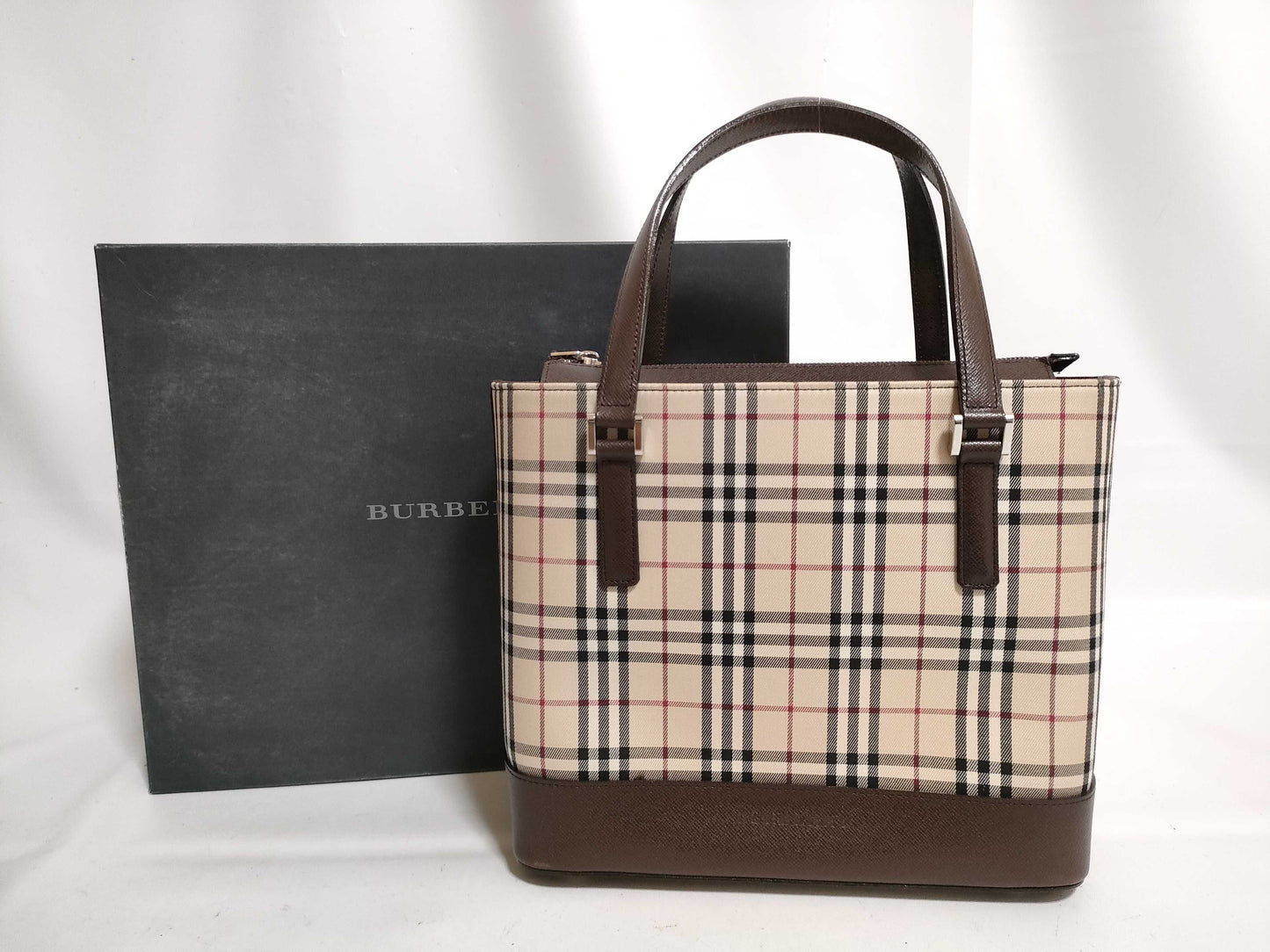 BURBERRY Checked Canvas and Leather Handbag, Ivory and Brown