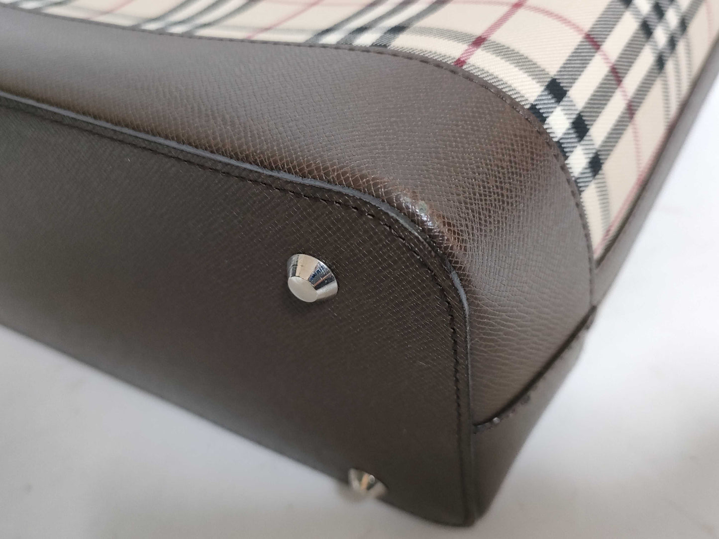 BURBERRY Checked Canvas and Leather Handbag, Ivory and Brown