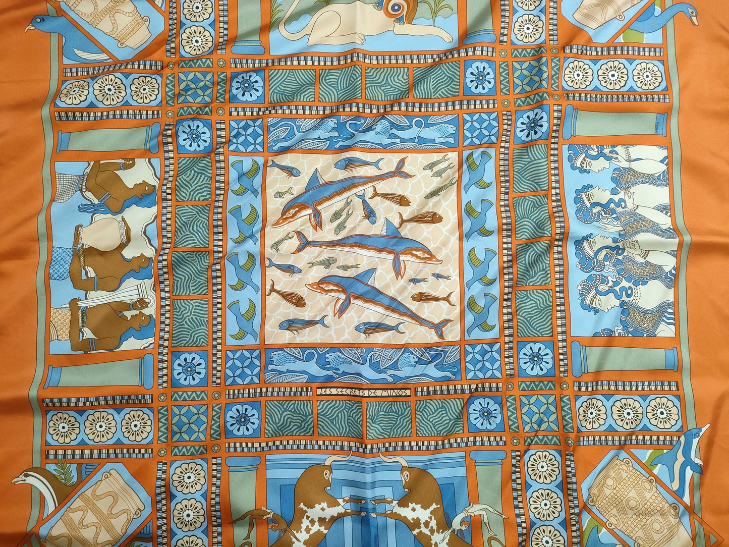 HERMES Carré 90 "The Secret of King Minos" Silk Scarf Orange Scarf