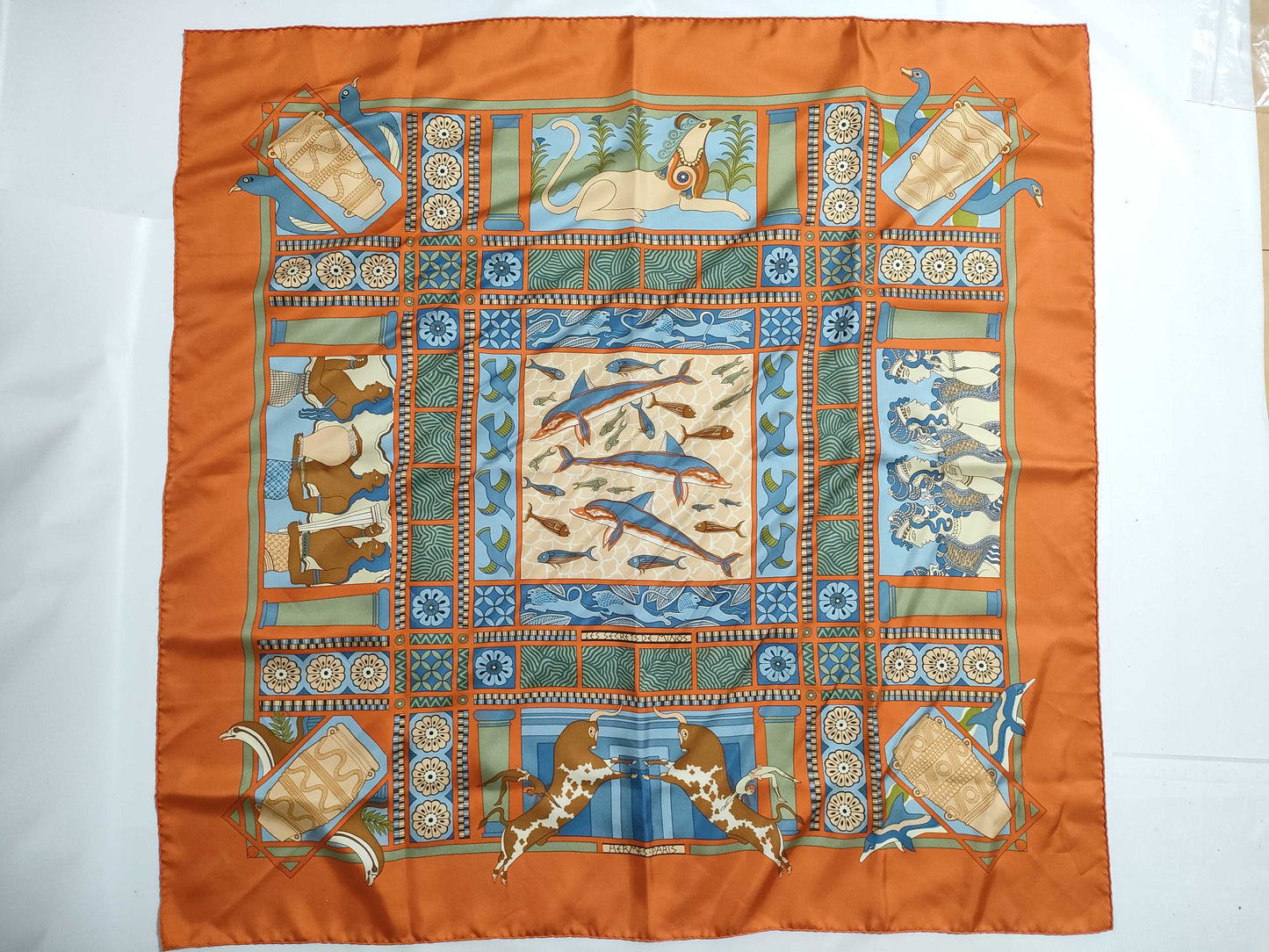 HERMES Carré 90 "The Secret of King Minos" Silk Scarf Orange Scarf