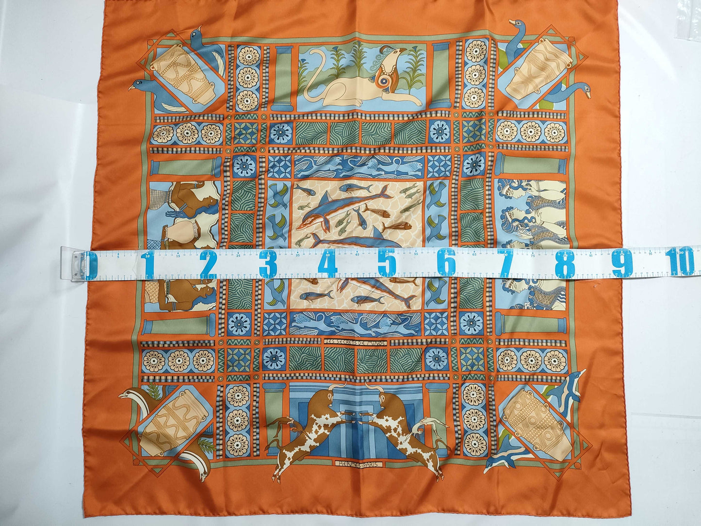 HERMES Carré 90 "The Secret of King Minos" Silk Scarf Orange Scarf