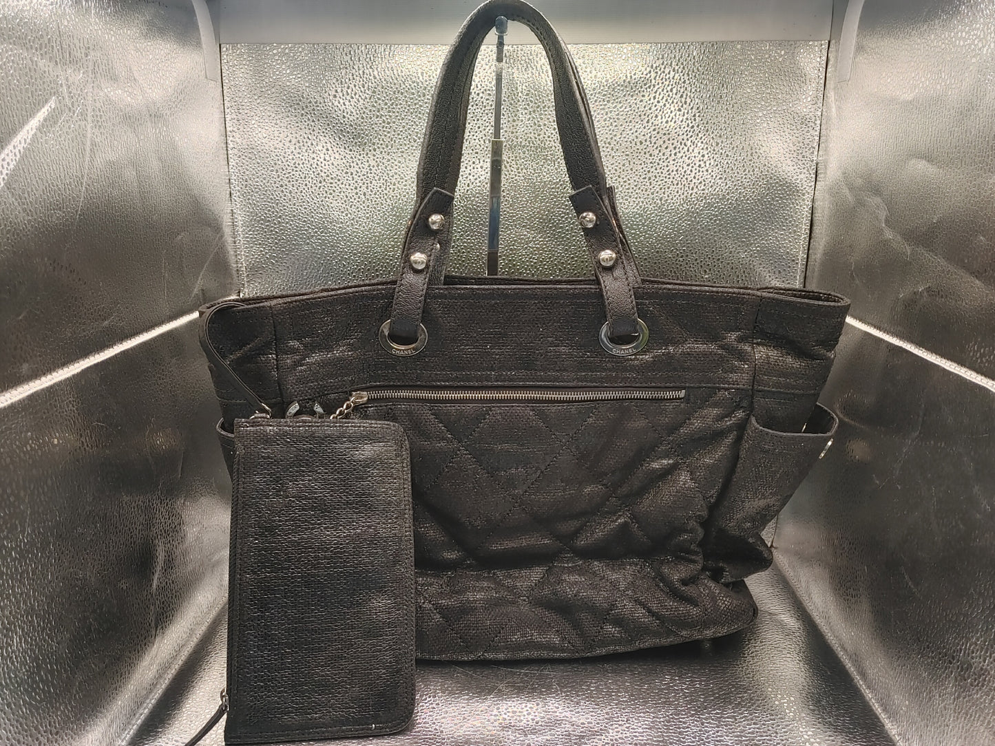 CHANEL Paris-Biarritz Tote Bag with Pouch and Sticker, 12730900, Coated Canvas, Black, with Coco Charm