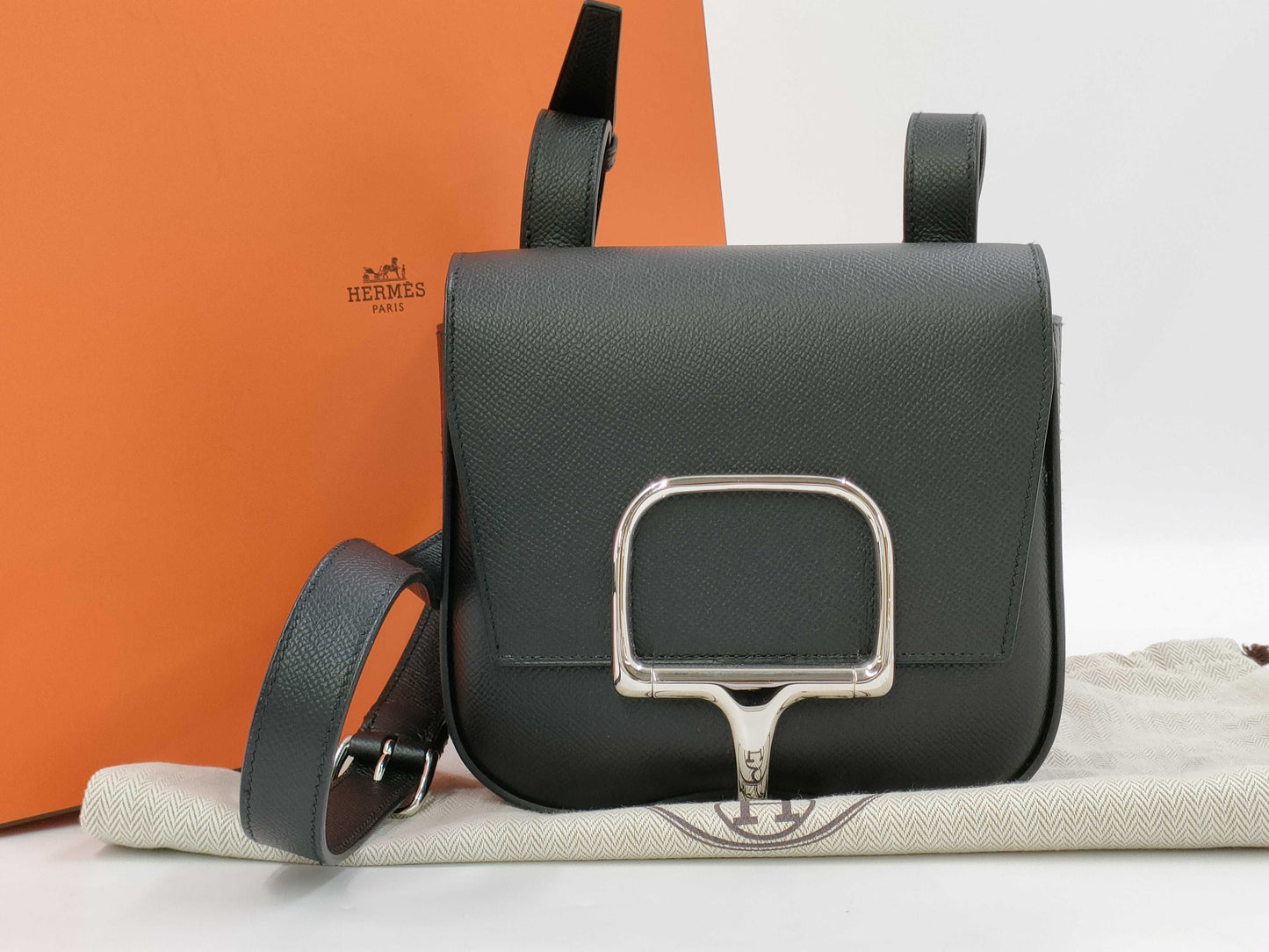 HERMES Della Cavalle Black Shoulder Bag with Stamped Z, Silver Hardware
