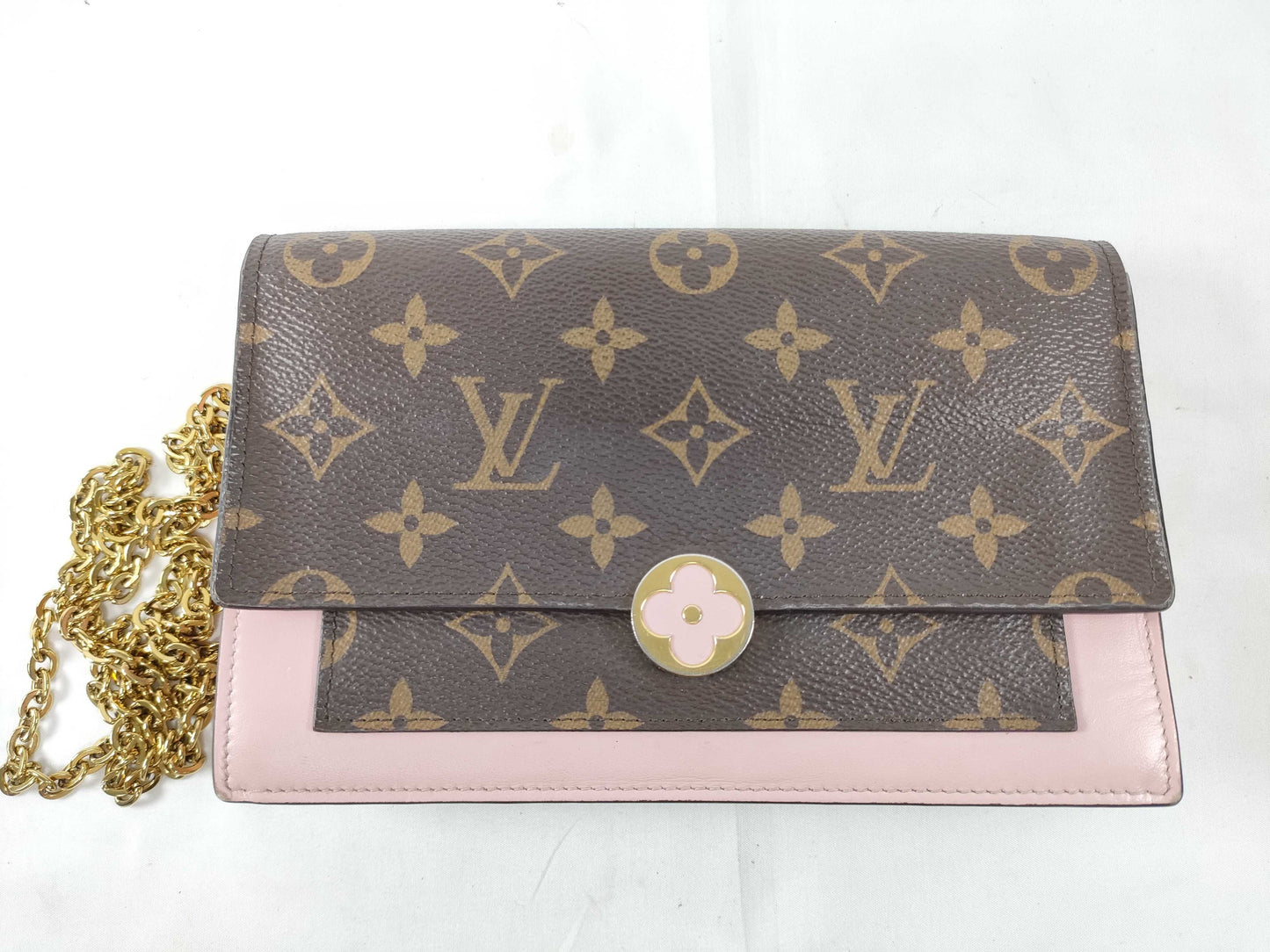 LOUIS VUITTON RFID Verified S N 4199 Monogram Louis Vuitton Monogram Portefeuille Flore Chain Rose Ballerine Shoulder Bag