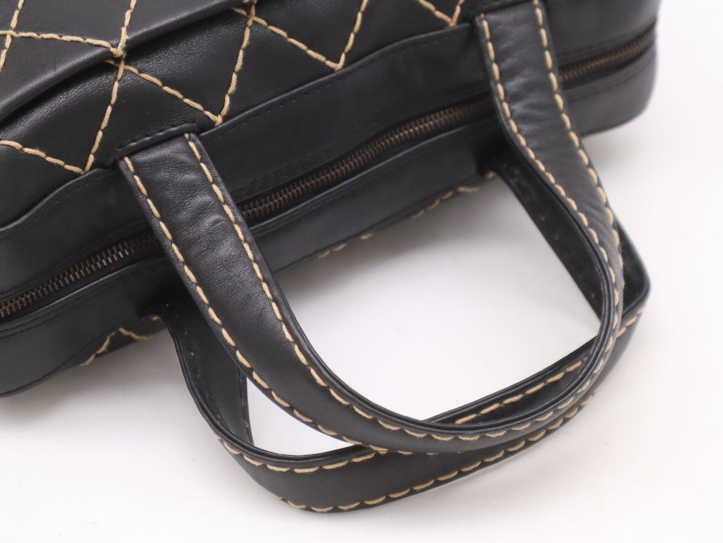 CHANEL Leather Wild Stitch Handbag Mini Boston Bag Black Seal Card 6537258 Handbag