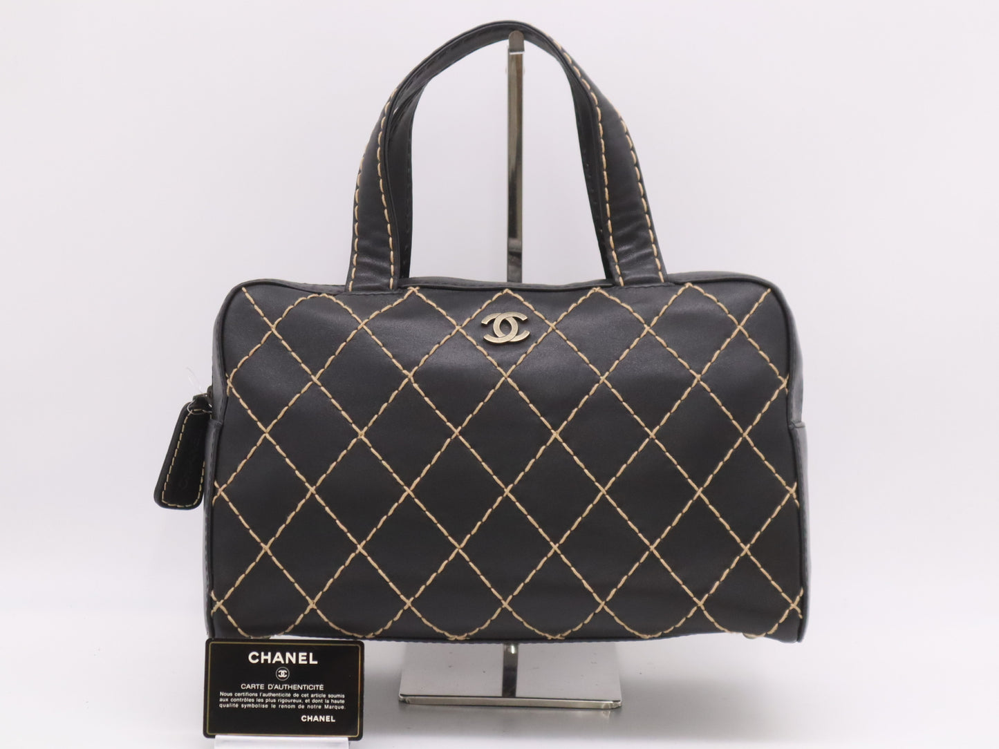CHANEL Leather Wild Stitch Handbag Mini Boston Bag Black Seal Card 6537258 Handbag
