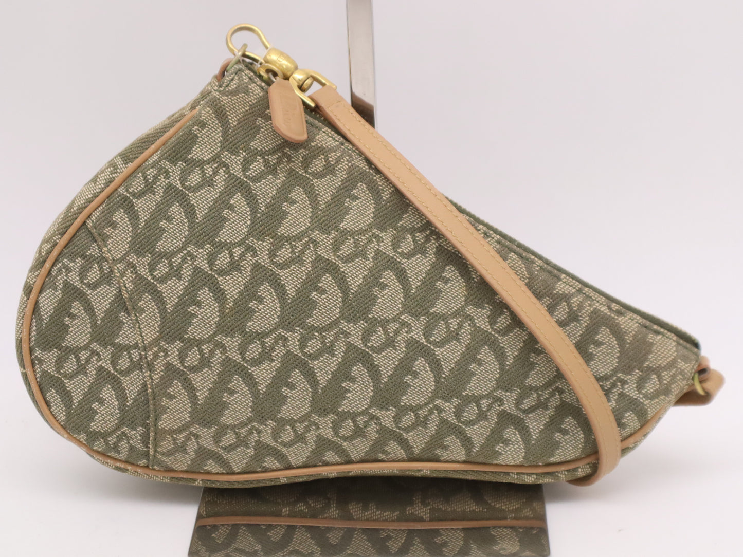 Dior MC0071 Canvas and Leather Trotter Saddle Handbag Green Brown Shoulder Bag