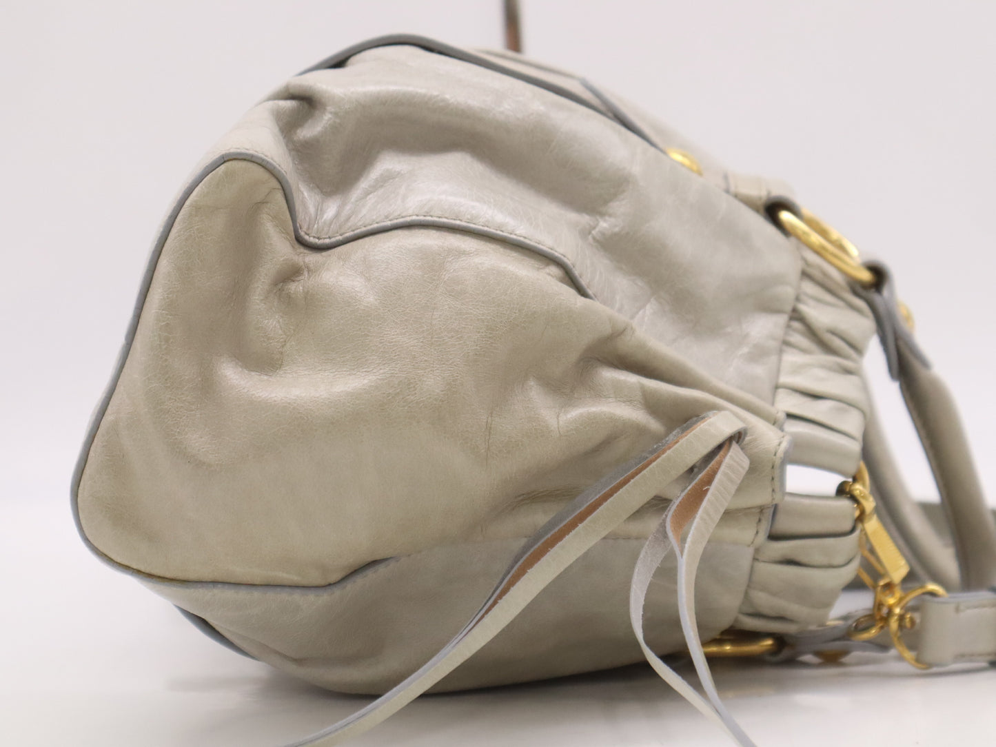 Miu Miu RT0383 Leather Miu Miu Gathered Design 2-Way Shoulder Bag/Handbag Gray with Shoulder Strap