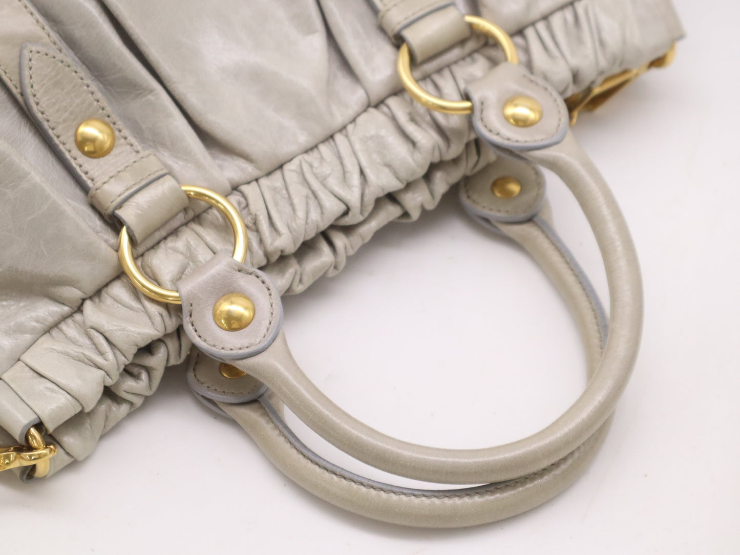 Miu Miu RT0383 Leather Miu Miu Gathered Design 2-Way Shoulder Bag/Handbag Gray with Shoulder Strap