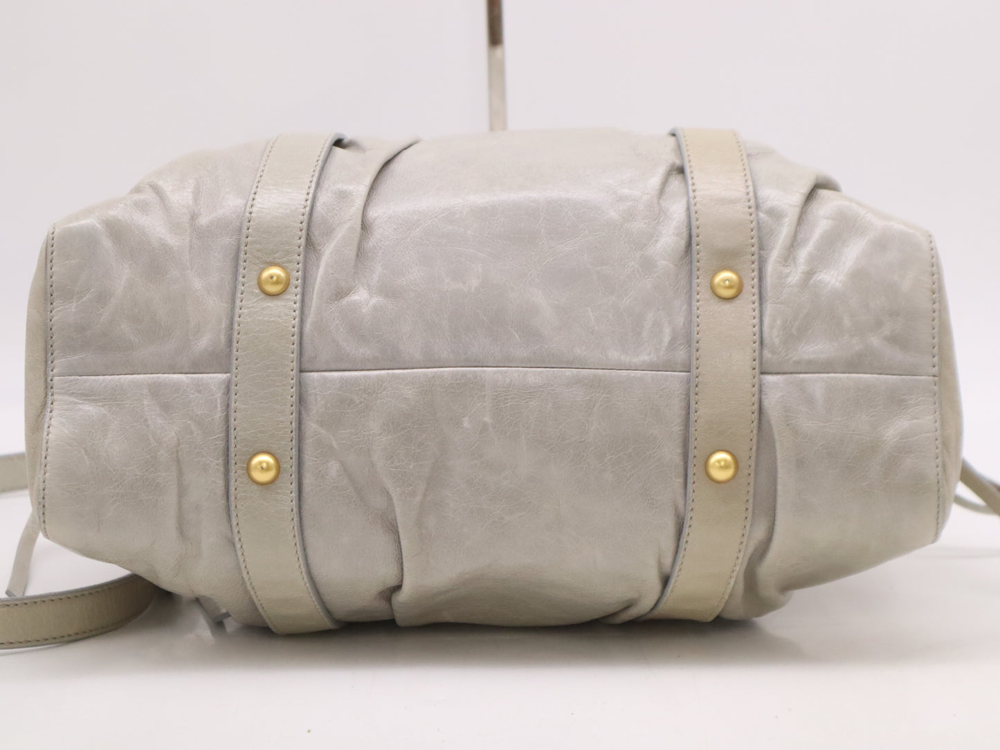 Miu Miu RT0383 Leather Miu Miu Gathered Design 2-Way Shoulder Bag/Handbag Gray with Shoulder Strap