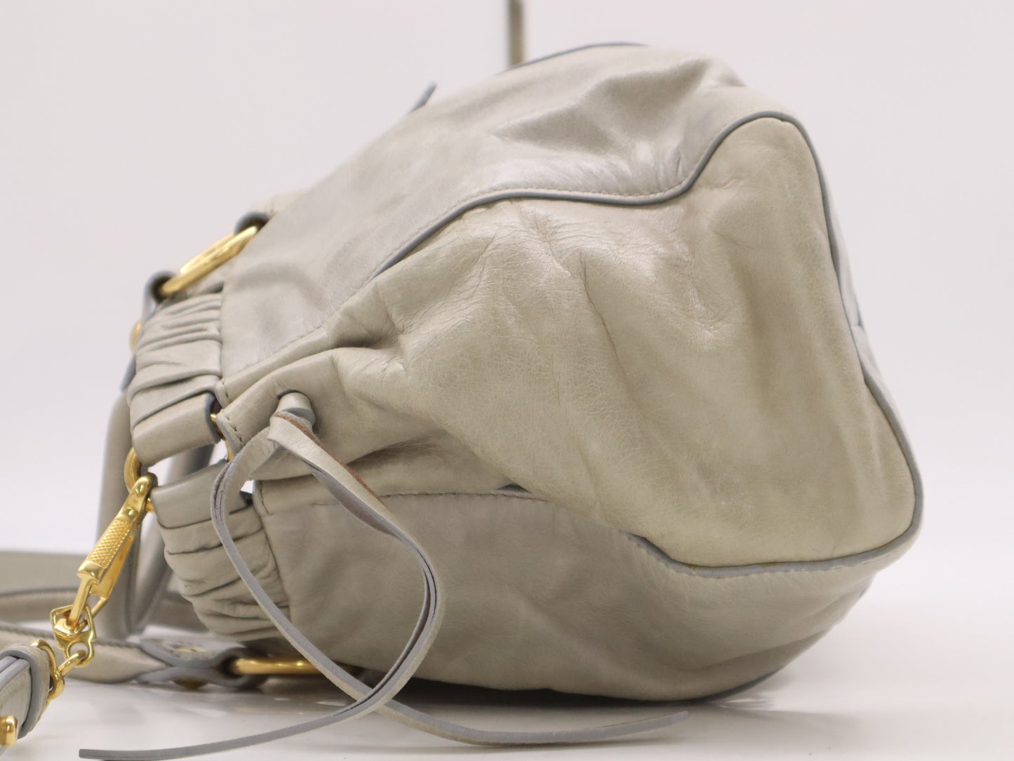 Miu Miu RT0383 Leather Miu Miu Gathered Design 2-Way Shoulder Bag/Handbag Gray with Shoulder Strap