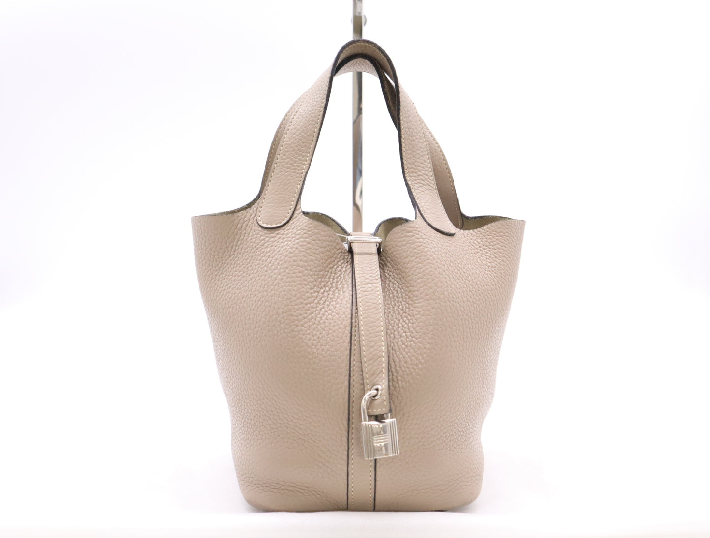 HERMES Picotin Lock PM □N Stamp 2010 Taurillon Etoupe Silver Hardware Handbag with Padlock