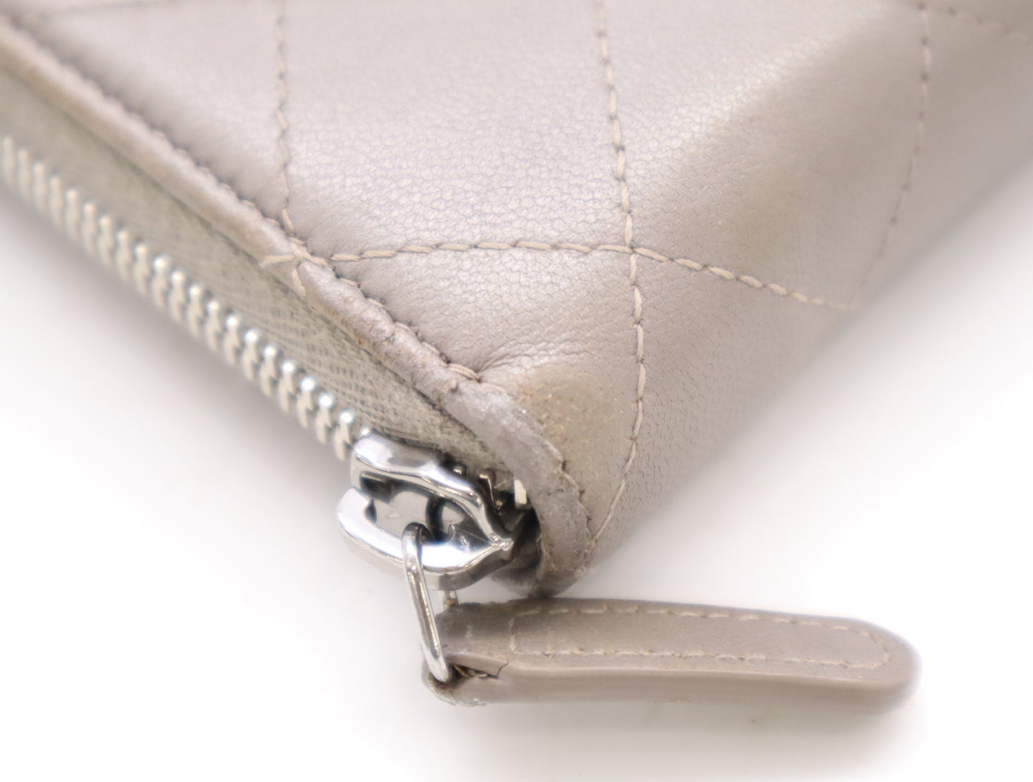 CHANEL Lambskin Matelasse Wallet with Zip-Around Design, Coco Mark, Silver Hardware, Gray, Sticker, Card Slots, 24756938