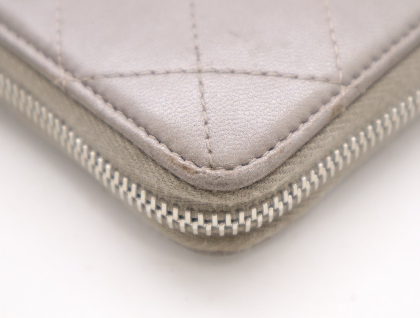 CHANEL Lambskin Matelasse Wallet with Zip-Around Design, Coco Mark, Silver Hardware, Gray, Sticker, Card Slots, 24756938