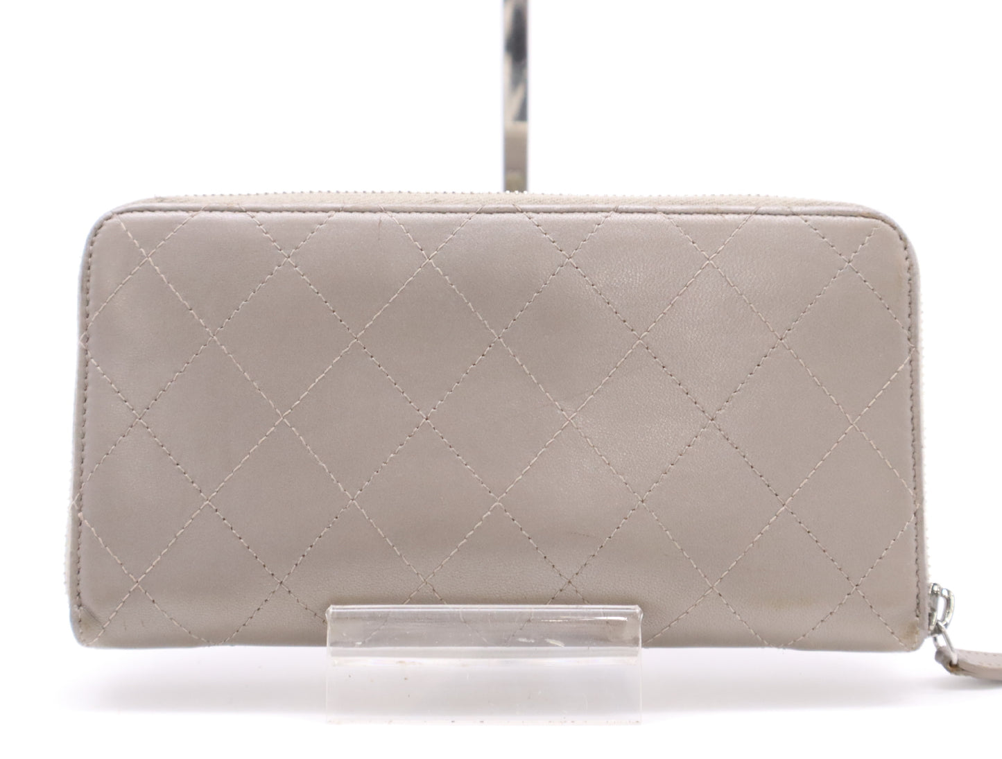 CHANEL Lambskin Matelasse Wallet with Zip-Around Design, Coco Mark, Silver Hardware, Gray, Sticker, Card Slots, 24756938