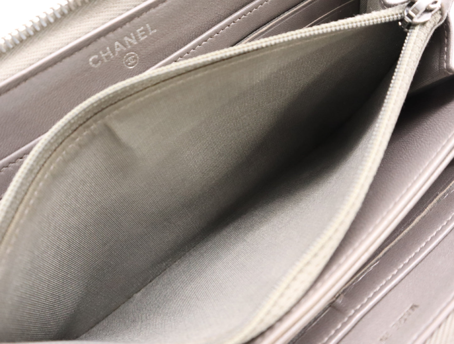 CHANEL Lambskin Matelasse Wallet with Zip-Around Design, Coco Mark, Silver Hardware, Gray, Sticker, Card Slots, 24756938