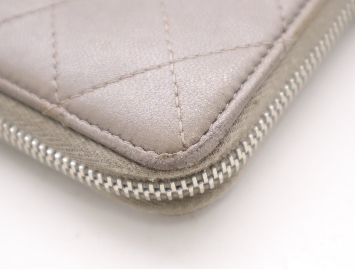 CHANEL Lambskin Matelasse Wallet with Zip-Around Design, Coco Mark, Silver Hardware, Gray, Sticker, Card Slots, 24756938