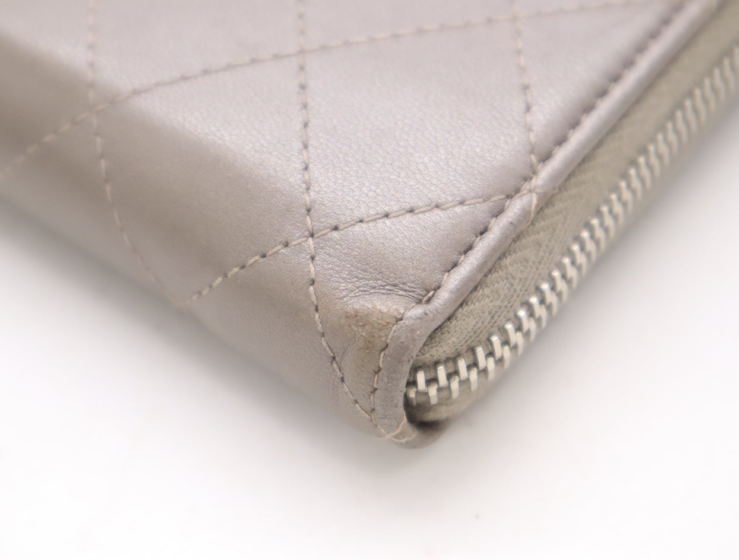 CHANEL Lambskin Matelasse Wallet with Zip-Around Design, Coco Mark, Silver Hardware, Gray, Sticker, Card Slots, 24756938