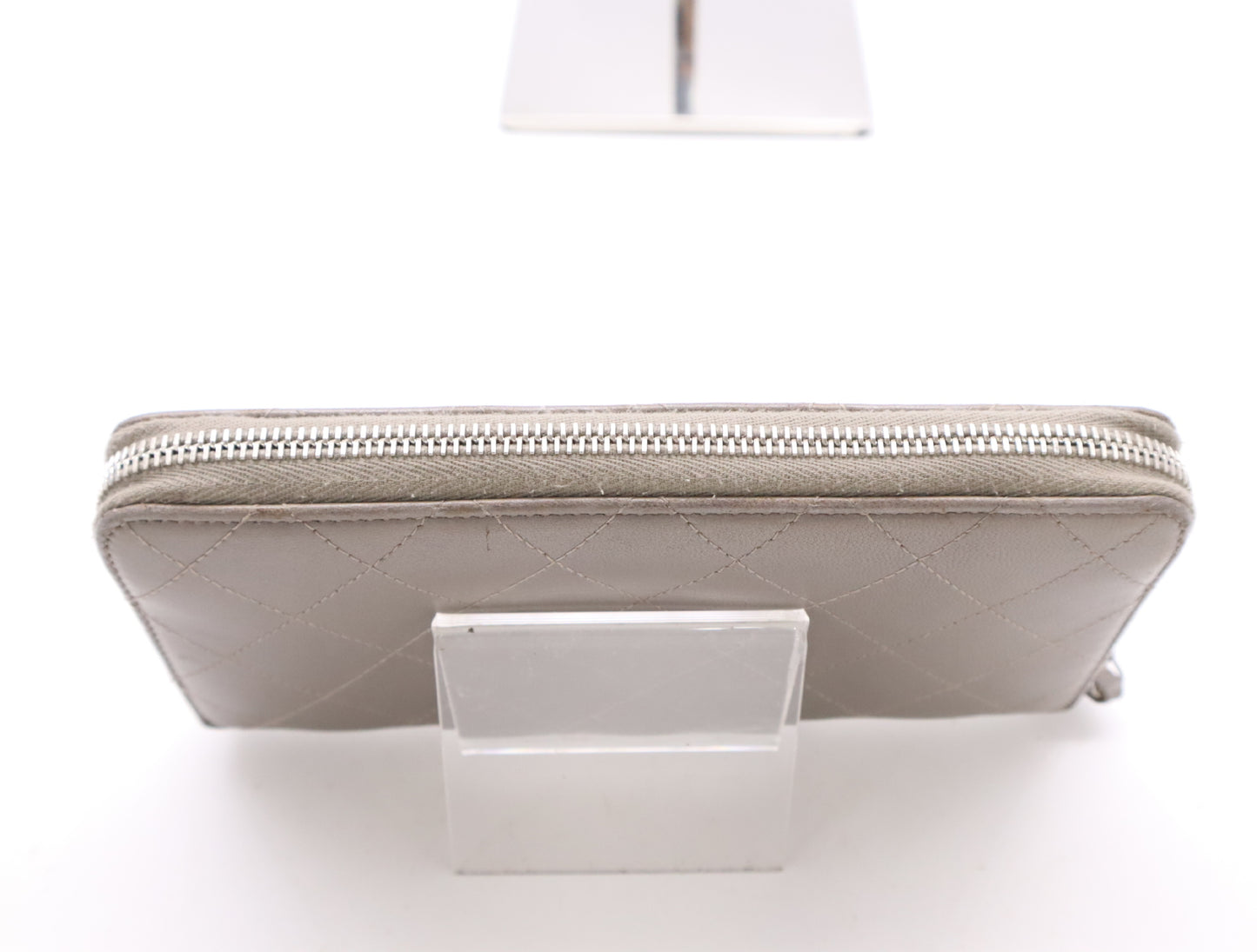 CHANEL Lambskin Matelasse Wallet with Zip-Around Design, Coco Mark, Silver Hardware, Gray, Sticker, Card Slots, 24756938