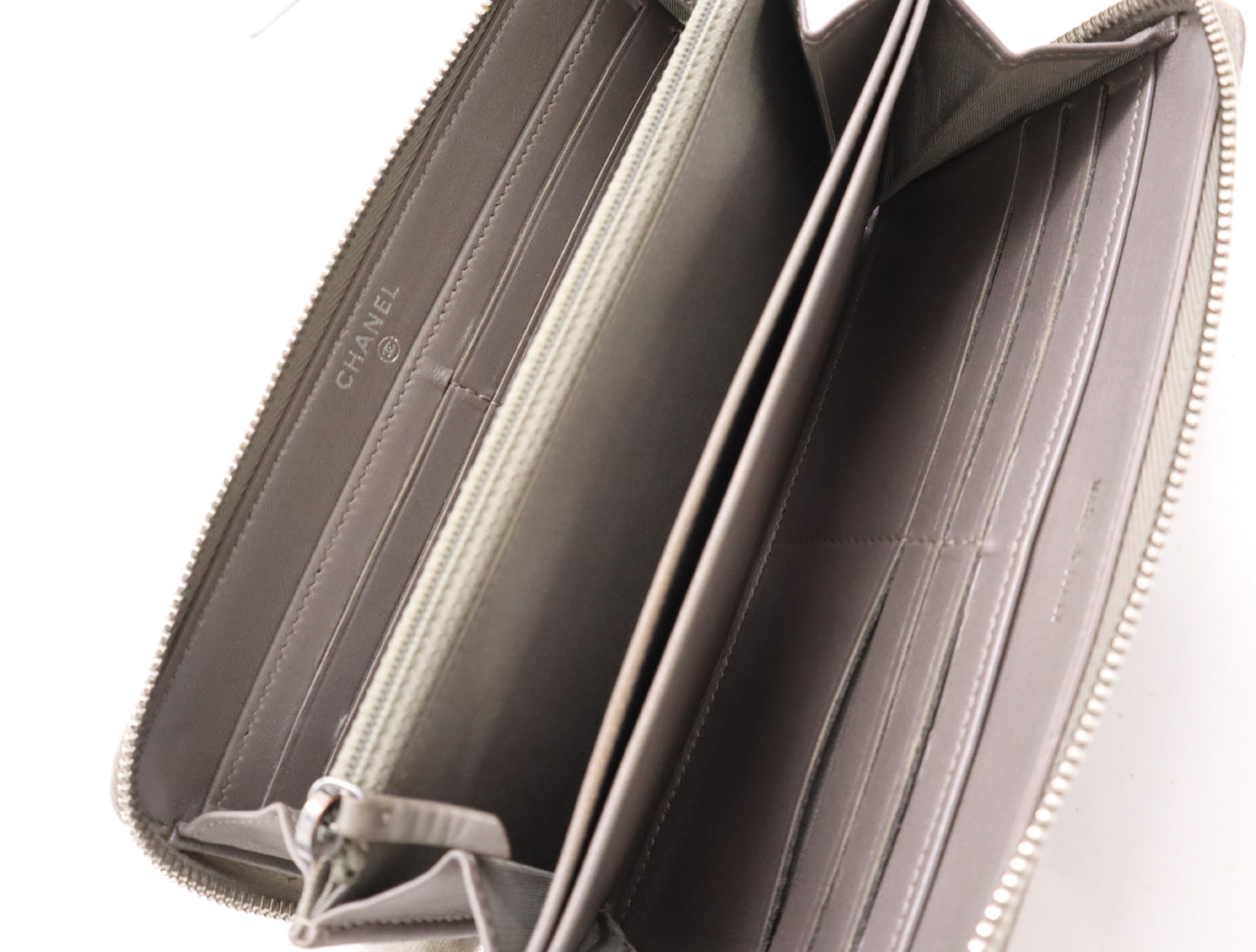 CHANEL Lambskin Matelasse Wallet with Zip-Around Design, Coco Mark, Silver Hardware, Gray, Sticker, Card Slots, 24756938