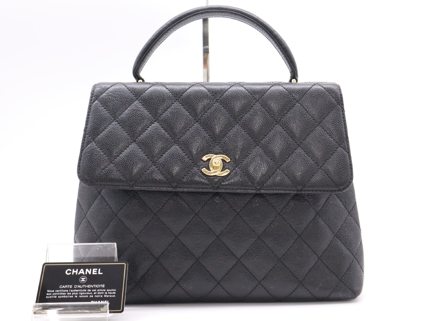 CHANEL Caviar Matelasse Handbag in Black with Turn Lock, GD Hardware, Card Holder, and Seal, 8083257