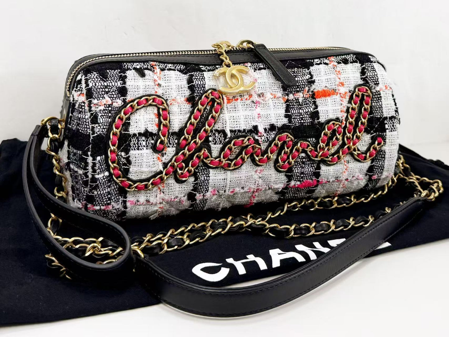 CHANEL CHANEL logo Coco charm lace tweed bowling shoulder bag, approximately 24cm wide, 30s, vintage G hardware, dust bag and sticker included, excellent condition, item number 30095610