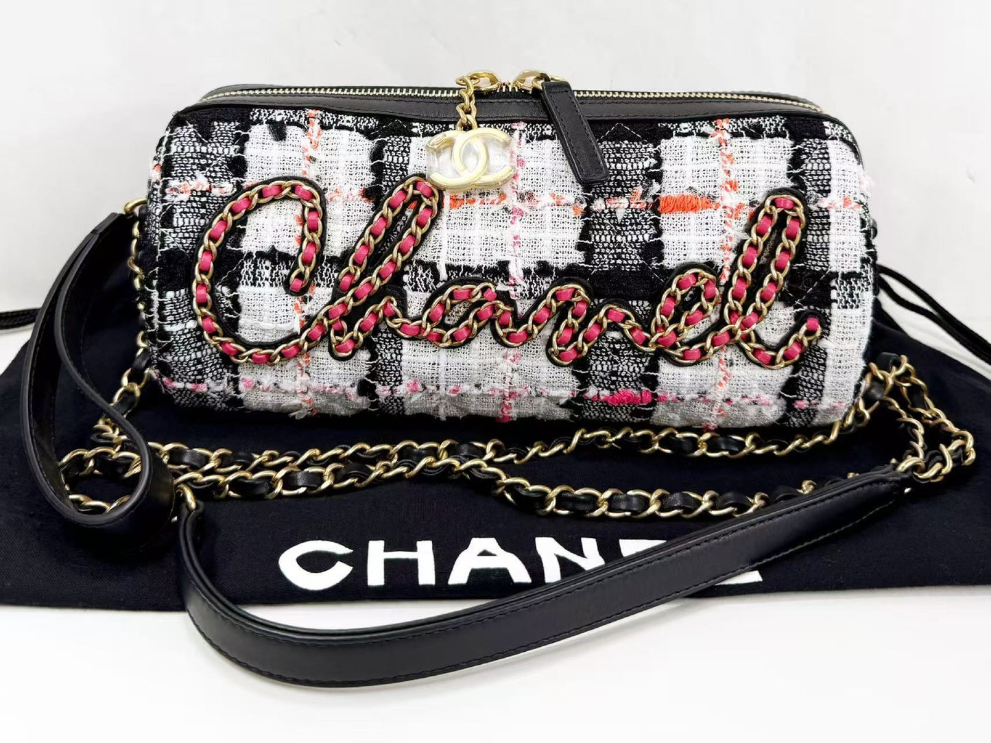 CHANEL CHANEL logo Coco charm lace tweed bowling shoulder bag, approximately 24cm wide, 30s, vintage G hardware, dust bag and sticker included, excellent condition, item number 30095610