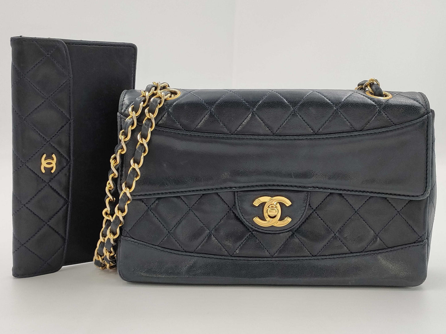 CHANEL Lambskin Matelasse Chain Shoulder Bag in Navy with Pouch, #1 Bag