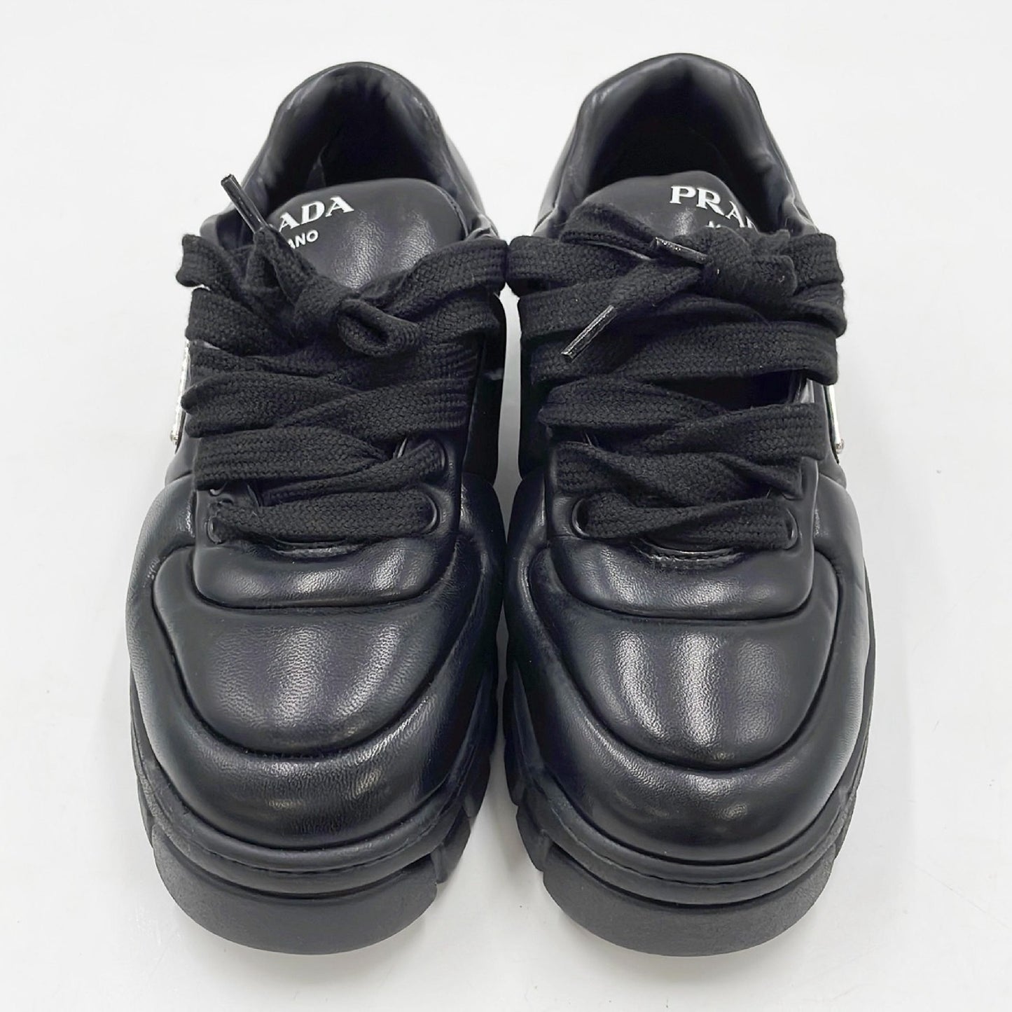 PRADA Downtown Sneakers, Padded Nappa Leather, Triangle Logo, Black, Size 24cm, Size 37