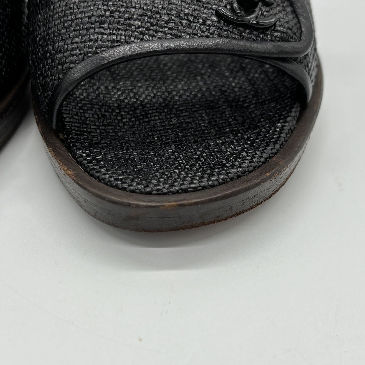 CHANEL Leather Black Raffia Leather Wood Turnlock Sandals Size #35/22.5cm