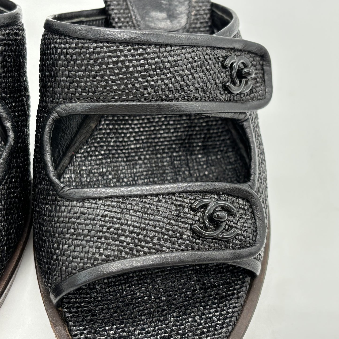CHANEL Leather Black Raffia Leather Wood Turnlock Sandals Size #35/22.5cm