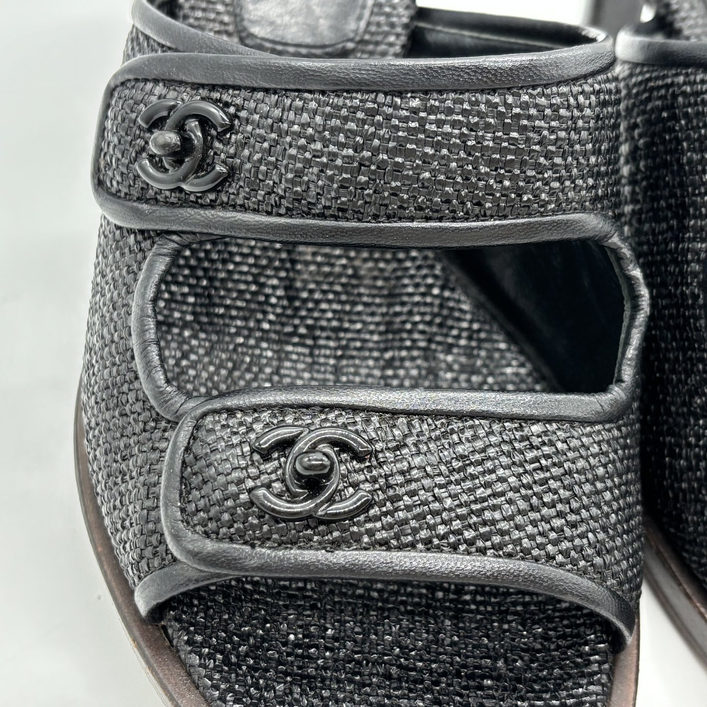 CHANEL Leather Black Raffia Leather Wood Turnlock Sandals Size #35/22.5cm