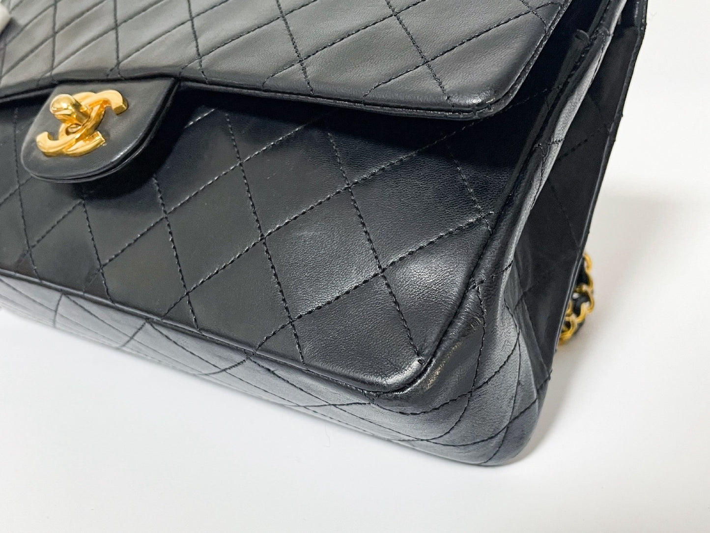CHANEL Double Flap Matelasse Black Lambskin Shoulder Bag with Seal