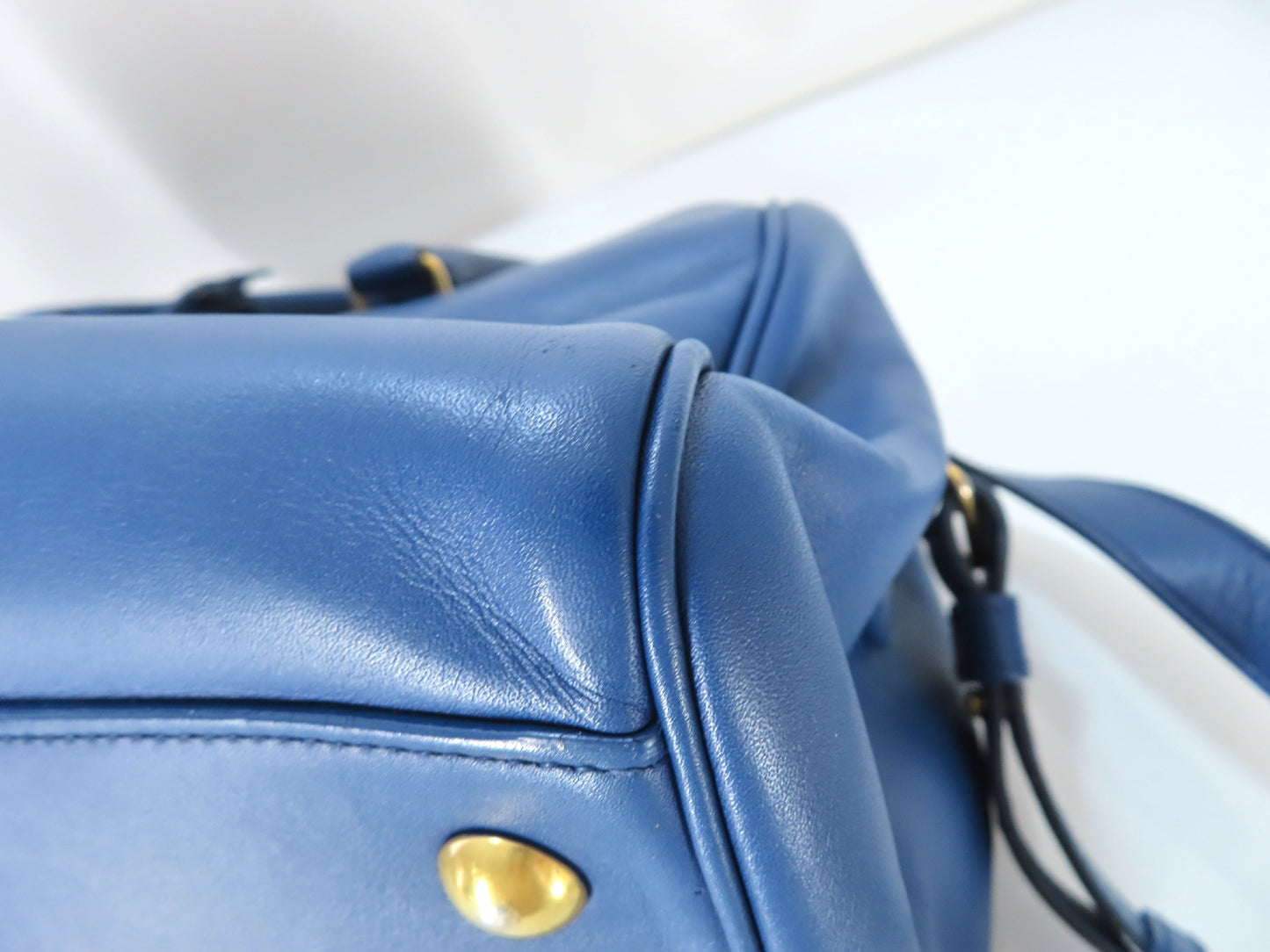 SAINT LAURENT Leather Duffle Bag, 2-Way Mini Boston Bag, Blue