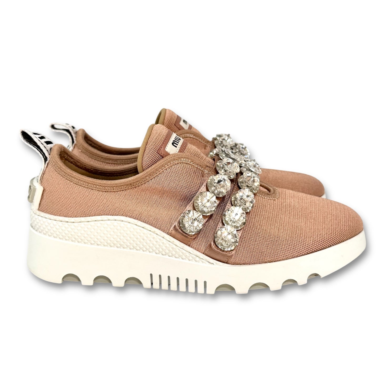 Miu Miu Crystal and Beaded Slip-On Sneakers, Pink, Size 34 1/2, Platform Sneakers