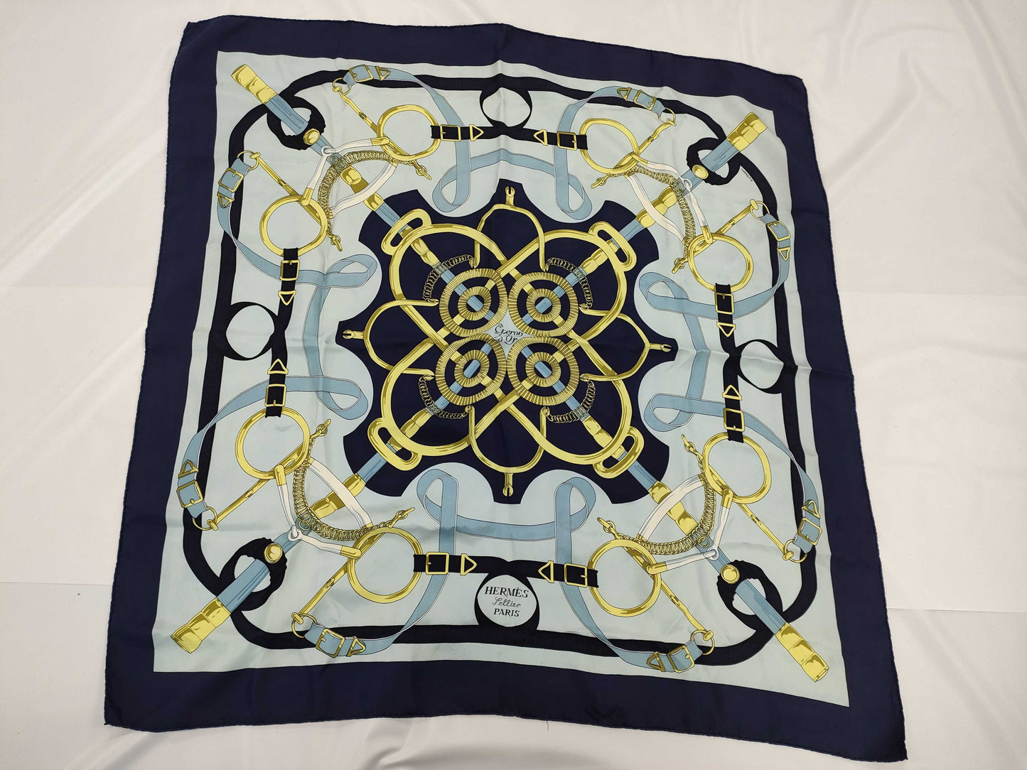 HERMES Carré 90 Scarf, Navy, Golden Horse Scarf