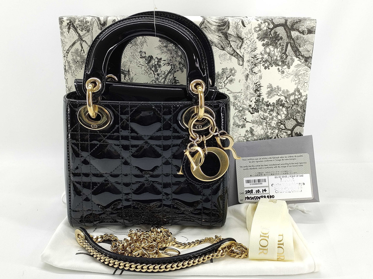Dior Lady Dior Patent Leather Mini Cannage 2-Way Handbag in Black. Accessories: Box, Dust Bag, Shoulder Strap.