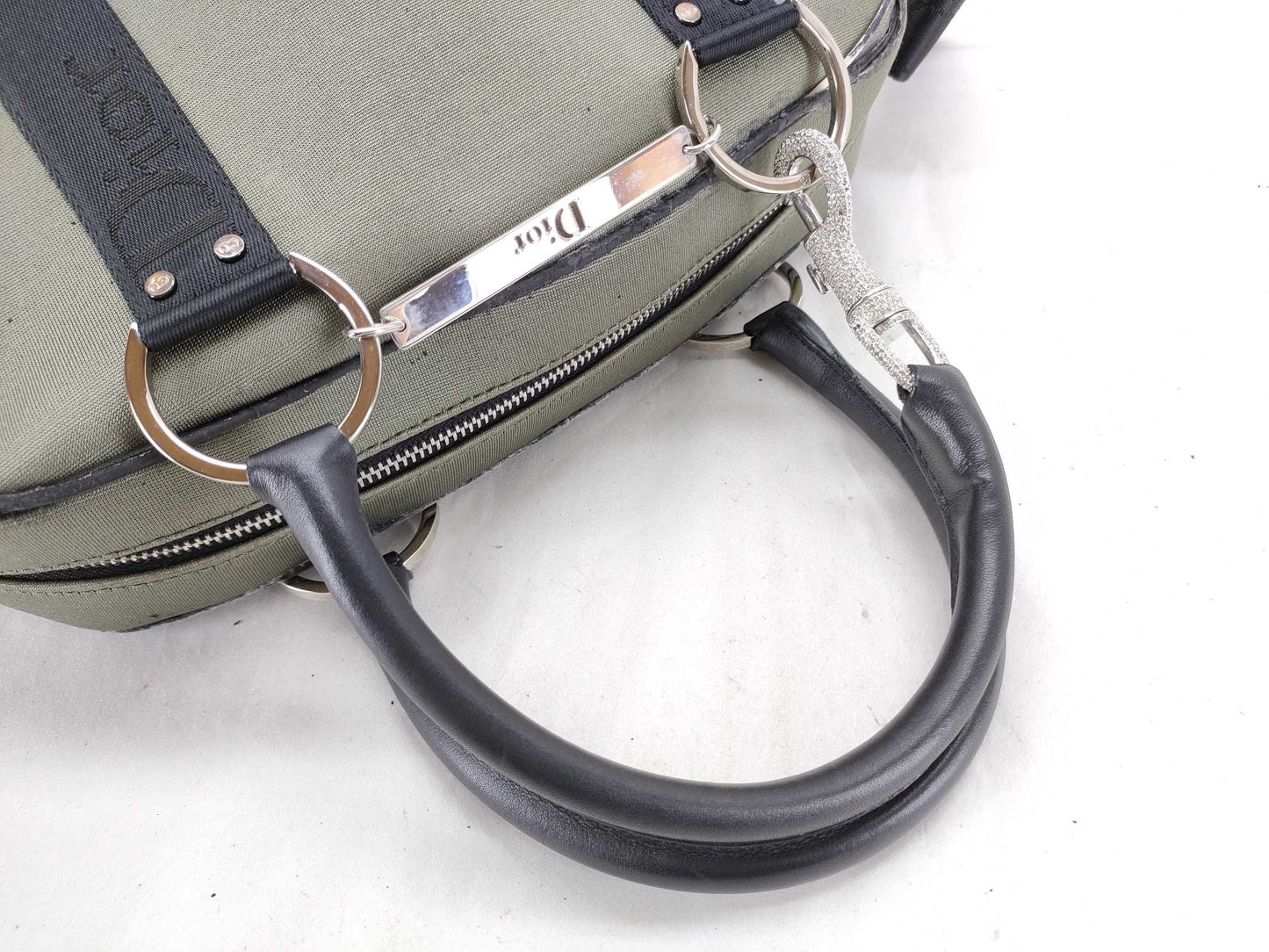 Dior Rhinestone 2-Way Handbag Canvas Khaki Handbag