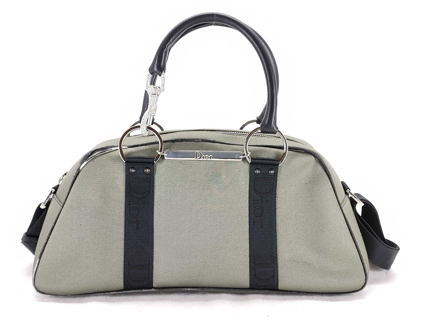 Dior Rhinestone 2-Way Handbag Canvas Khaki Handbag