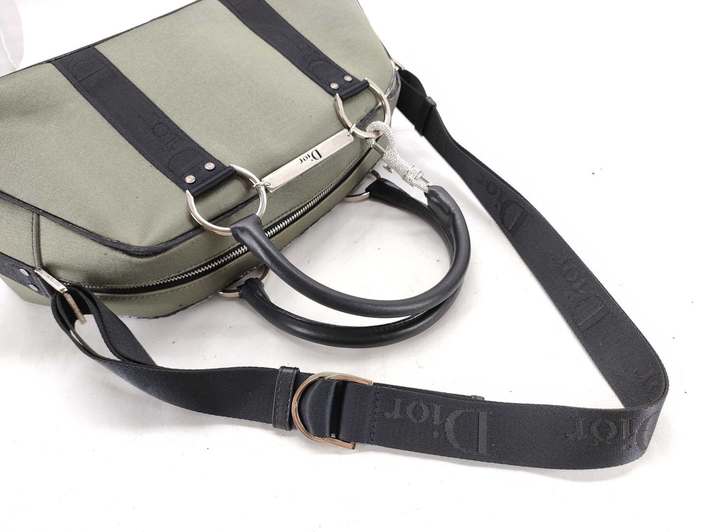 Dior Rhinestone 2-Way Handbag Canvas Khaki Handbag