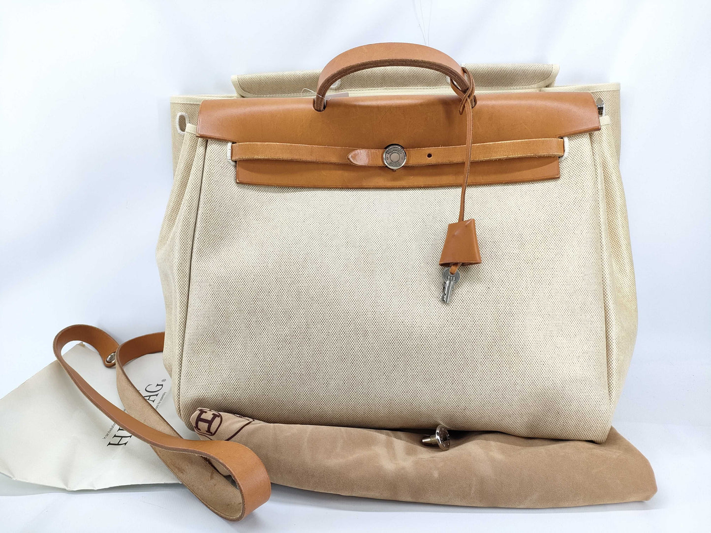 HERMES Air Bag HERMES Air Bag MM Handbag Toile H x Leather □B Handbag