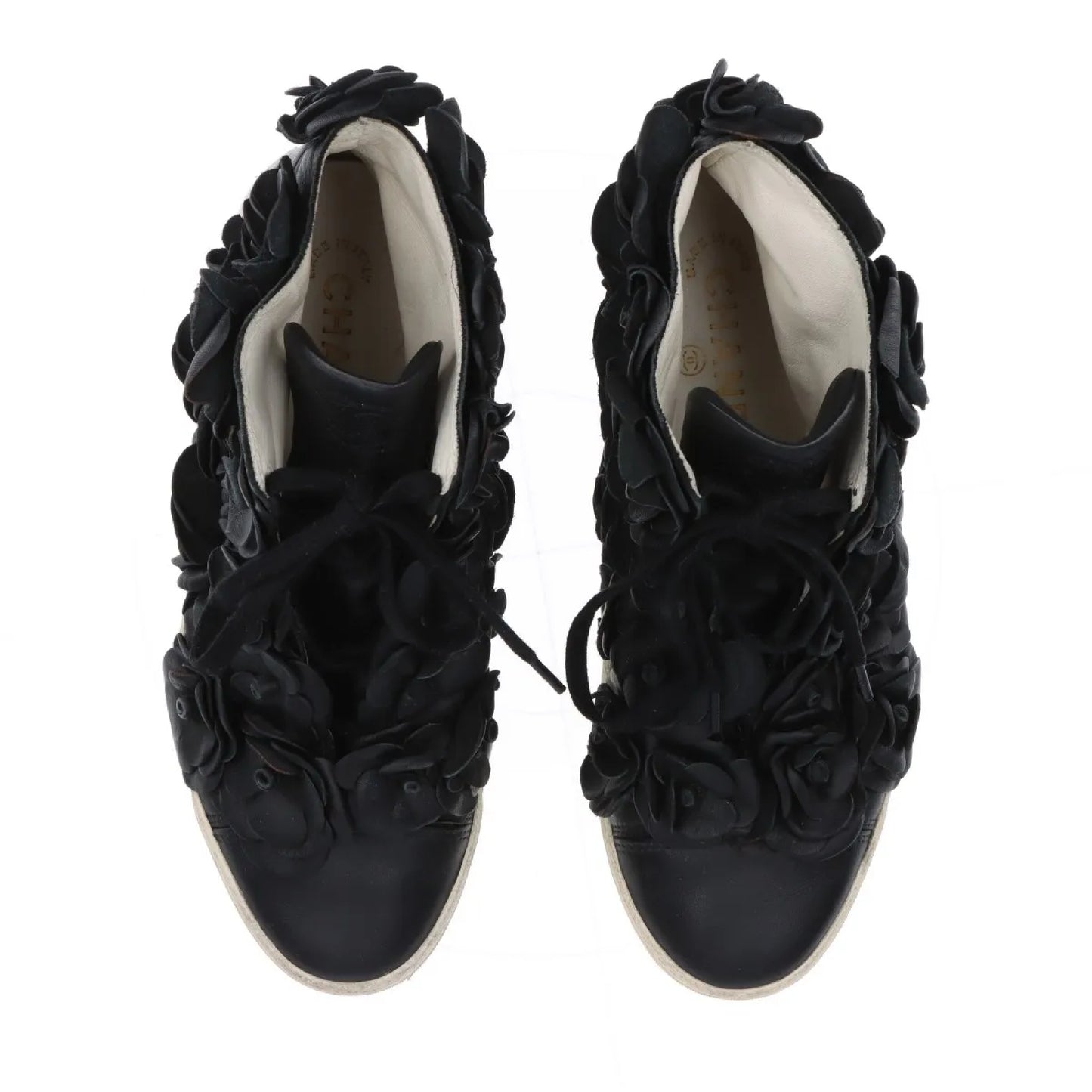 CHANEL Camellia Leather High-Top Sneakers, Size 38, Women's, Black, G29046