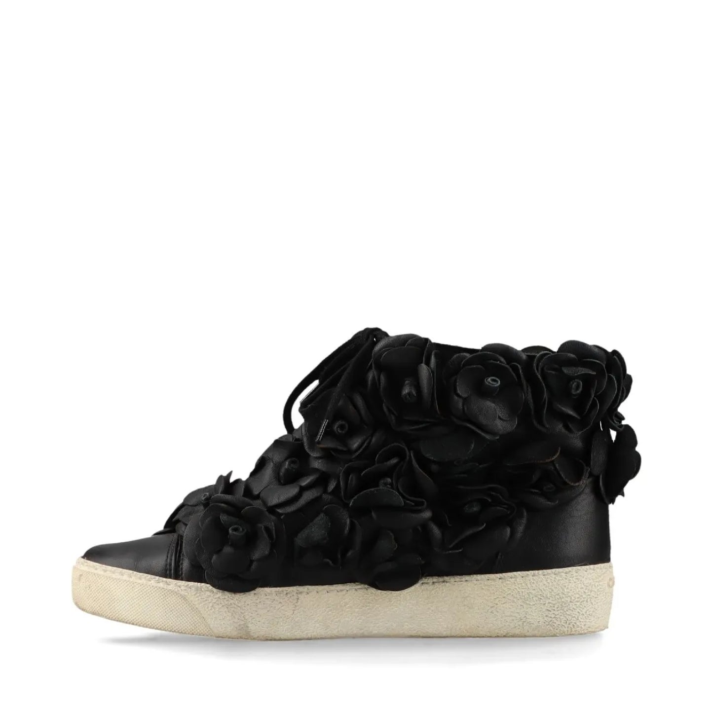 CHANEL Camellia Leather High-Top Sneakers, Size 38, Women's, Black, G29046