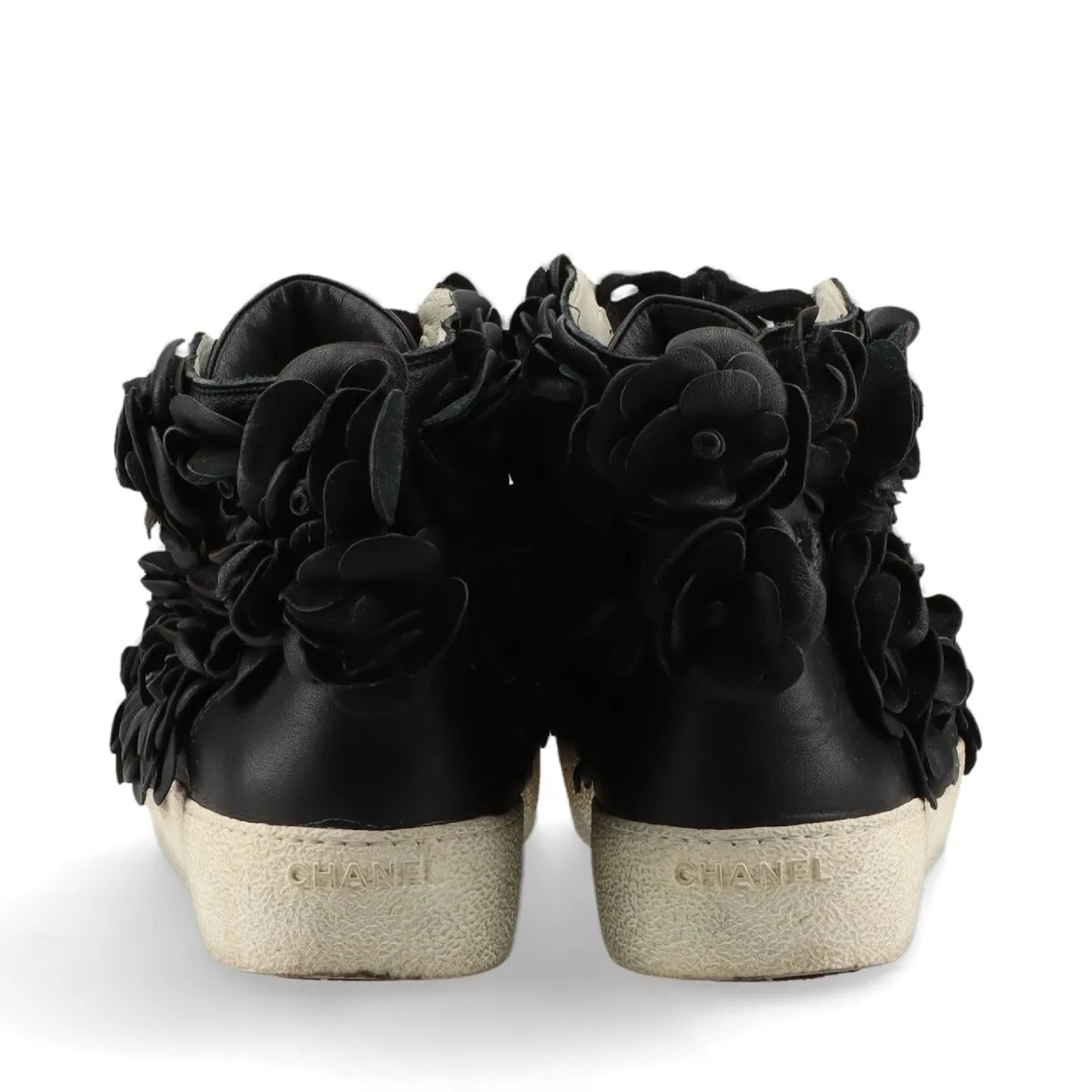 CHANEL Camellia Leather High-Top Sneakers, Size 38, Women's, Black, G29046