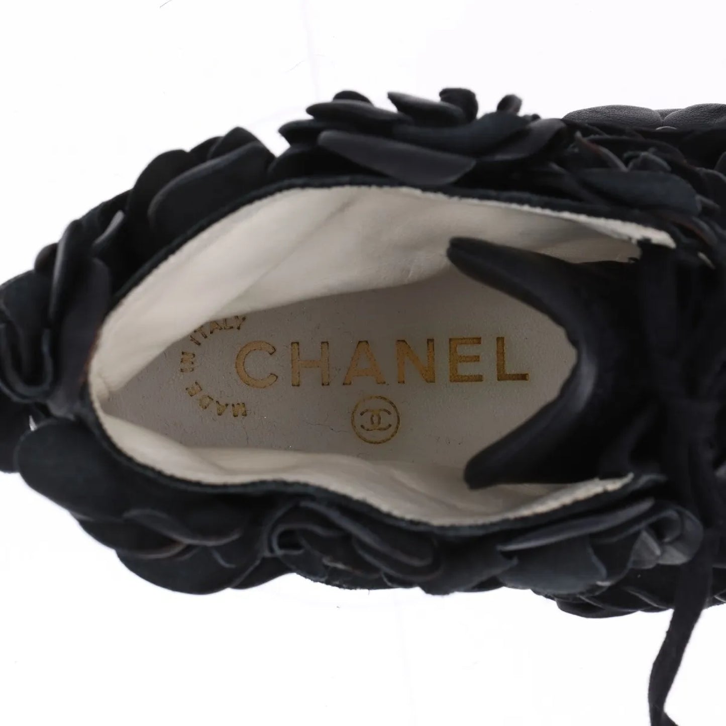 CHANEL Camellia Leather High-Top Sneakers, Size 38, Women's, Black, G29046