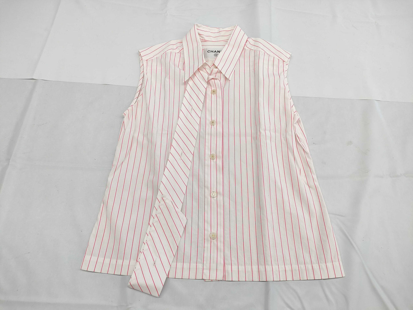 CHANEL CHANEL Sleeveless Shirt Top Striped White x Pink #38 Cotton Top